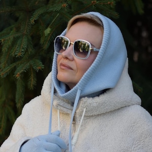 Light Blue Knitted Hood with Strings, Warm merino wool hood helmet, Winter cowl hood, Neck Warmer