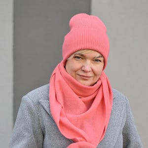 Coral Knit Set for Women: Beanie and Triangle Headscarf and Gloves , Merino Ribbed Hat, Wool Neckerchief, knitted Kerchief