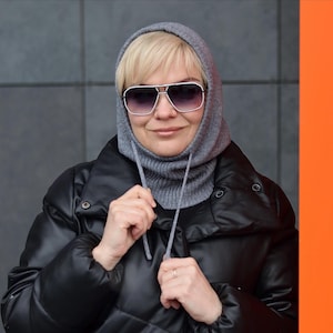 Gray Merino Wool Knit Balaclava Hood: Women&#39;s Winter Neck Warmer