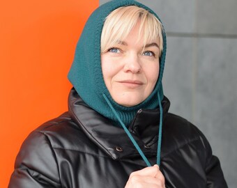 Emerald Merino Wool Knit Balaclava Hood: Winter Neck Warmer