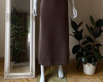 Brown Minimalist Merino Wool Knit Pencil Skirt - Longline Column Silhouette - Office & Casual