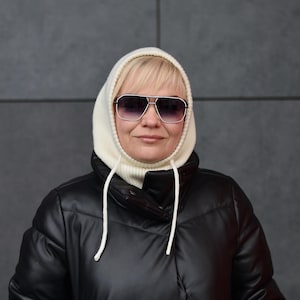 Ivory Merino Wool Knit Balaclava Hood: Women&#39;s Winter Neck Warmer