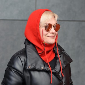 Red Merino Wool Knit Balaclava: Women&#39;s Winter Hooded Cowl