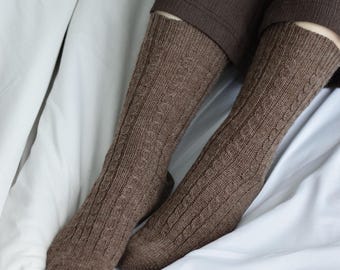 Merino Wool Cable Knit Slipper Socks, Beige Brown, Unisex