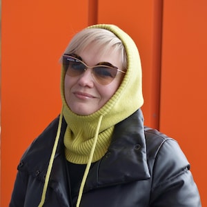 Lemon Merino Wool Knit Balaclava Hood: Women&#39;s Winter Neck Warmer