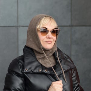 Walnut Knitted Hood with Strings, Warm merino wool hood helmet, Winter cowl hood, Neck Warmer