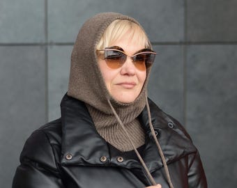 Walnut Merino Wool Balaclava: Knitted Hooded Cowl Neck Warmer