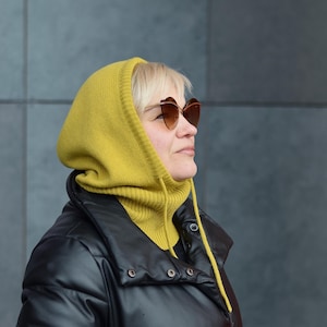 Mustard Merino Wool Knit Balaclava Hood: Women&#39;s Winter Neck Warmer
