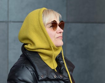 Mustard Merino Wool Knit Balaclava Hood: Women's Winter Neck Warmer