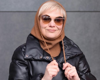 Ocher Merino Wool Knit Balaclava Hood: Women's Winter Neck Warmer