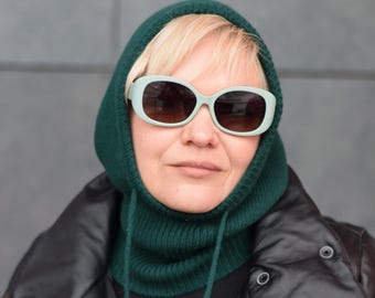Forest Green Merino Wool Knit Balaclava Hood: Women's Winter Neck Warmer