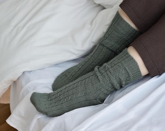 Hand Knit Merino Wool Cable Socks, Gray Green Unisex Slipper Socks