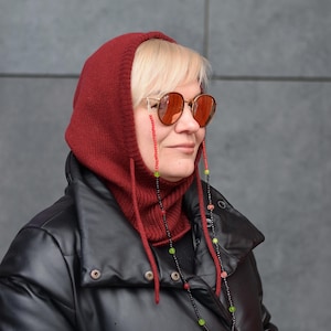 Bordeaux Merino Wool Knit Balaclava Hood: Winter Cowl Neck Warmer