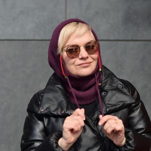 Plum Merino Wool Knit Balaclava Hood: Women&#39;s Winter Neck Warmer