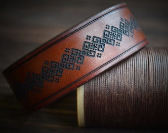 Personalized Leather Bracelet - Engraved Cuff for Men and Women | Minimalist Gift for Anniversary, Ukrainian ornament, Valentine&#39;s Day