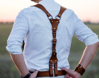 Schwertgürtel aus cognacfarbenem Leder, handgefertigte Leder-Hosenträger, Lederaccessoires, Herren-Hosenträger, personalisierte Hosenträger, Hochzeitsbräutigam