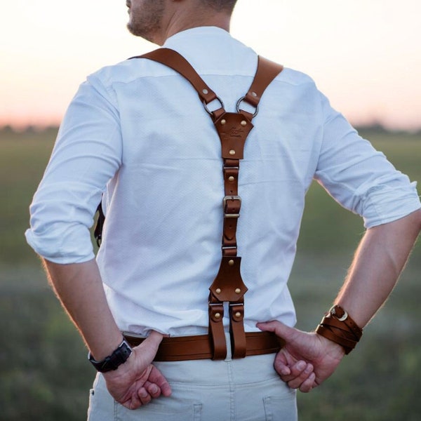 Сognac leather sword belt, Handmade leather Suspenders,  leather accessories, mens suspenders, personalized suspenders,  wedding groom