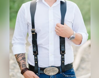 Black leather sword belt, Handmade leather Suspenders,  leather accessories, mens suspenders, personalized suspenders,  wedding groom