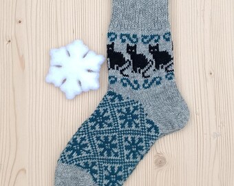 Calzini carini lavorati a maglia per donne e uomini, bellissimi calzini fatti a mano, casual, per la casa, in lana, fantastici regali, con gatti, gattini, animali, per bambini, ornamenti etnici scandinavi