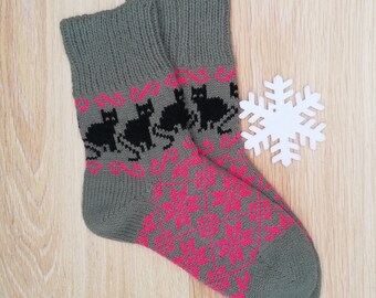 Calzini carini lavorati a maglia per donne e uomini, bellissimi calzini fatti a mano, casual, per la casa, in lana, fantastici regali, con gattini, animali, per bambini, ornamenti etnici, regalo di Natale