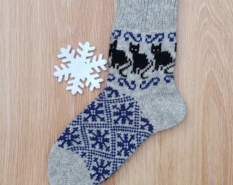 Calzini carini lavorati a maglia per donne e uomini, bellissimi calzini fatti a mano, casual, per la casa, in lana, fantastici regali, con gatti, gattini, animali, per bambini, ornamenti etnici scandinavi