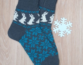 Calzini da uomo e da donna lavorati a mano, bellissimi calzini casual fatti a mano, in lana, per la casa, fantastici regali, calzini per bambini, con coniglietto, animali, etnici, scandinavi, ornamento