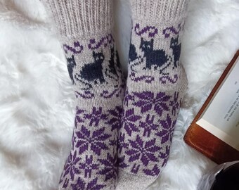Calze di lana lavorate a mano per uomo e donna, calde calze da casa, idea regalo con gatto, gattino, animale, bambini, etnico, scandinavo, ornamento, comode calze invernali
