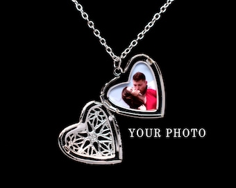 Heart Locket Necklace, Personalized Locket with Photo, Photo Locket, Couples Necklace, Personalized Gift Picture Locket, Silver Locket Gift