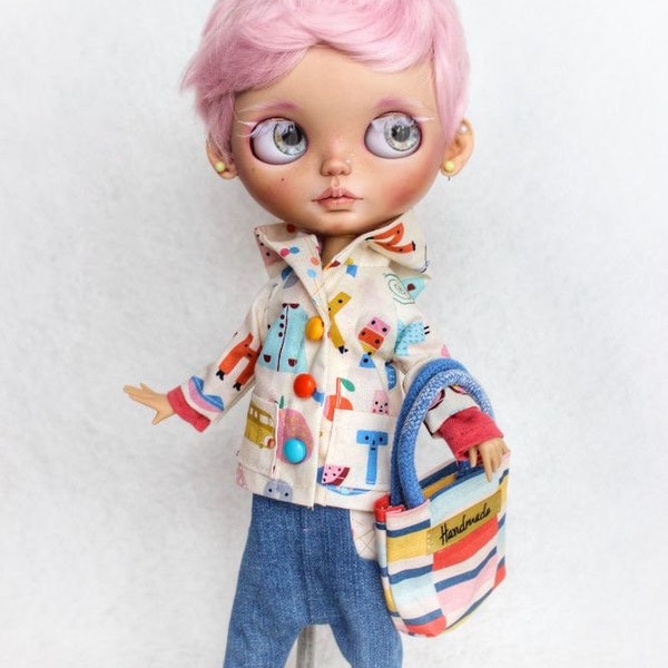 Blythe clothes set, blythe outfit, blythe coat, jeans, t-shirt, bag