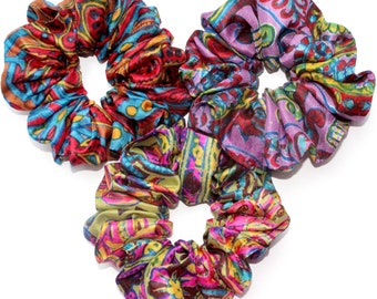 Scrunchie silk hair tie "Pop-Art", NEON blue red purple olive green floral yellow silk hair tie, designer scrunchie wide narrow