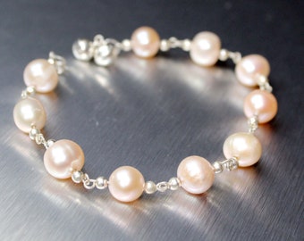 Freshwater pearl bracelet cream pink 8 mm with silver jewelry