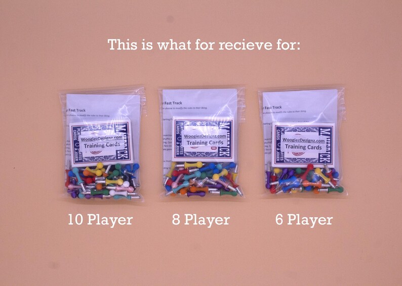 May include: Three bags of colorful wooden game pieces, labeled "10 Player", "8 Player", and "6 Player". Each bag includes a card that says "WooglerDesigns.com Training Cards".