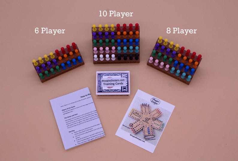May include: Three wooden game boards with colorful push pins, labeled 6 Player, 8 Player, and 10 Player. A deck of training cards and a game board diagram are also included.