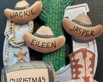 Three Cowboy Hats, Boots, Cactus and a Horseshoe Personalized Ornament