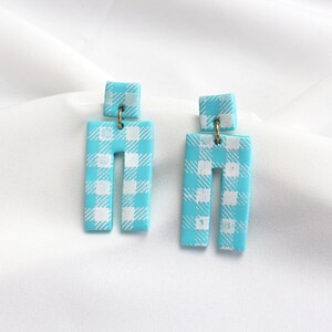 Blue Gingham Polymer Clay Earrings: Handmade Checkered Jewellery