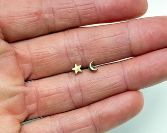 Tiny Mismatched Brass Moon & Star Stud Earrings, Dainty Celestial Minimalist Jewellery Studs