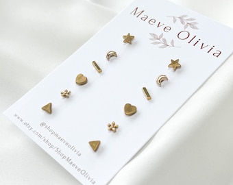 Mix and Match Mini Stud Earrings, Dainty Minimalist Designs, Geometric Jewellery, Raw Brass Studs