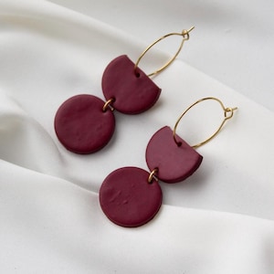 Dark Wine Red Polymer clay Hoop Dangle Earrings | Handmade Statement Jewellery | Unique Modern Organic Hoop Style Clay Earrings | Hoops