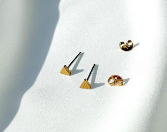 Tiny Raw Brass Triangle Stud Earrings, Dainty Minimalist Triangular Geometric Everyday Jewellery