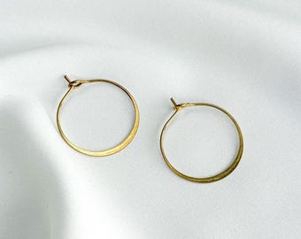 Dainty Hammered Raw Brass Hoop Earrings, Minimalist Geometric Everyday Jewellery, Gold Hoops