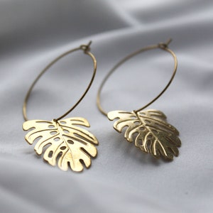 May include: A pair of gold-colored hoop earrings. Each earring features a cutout monstera leaf charm suspended from a thin, circular hoop. The earrings are displayed against a soft, white background.