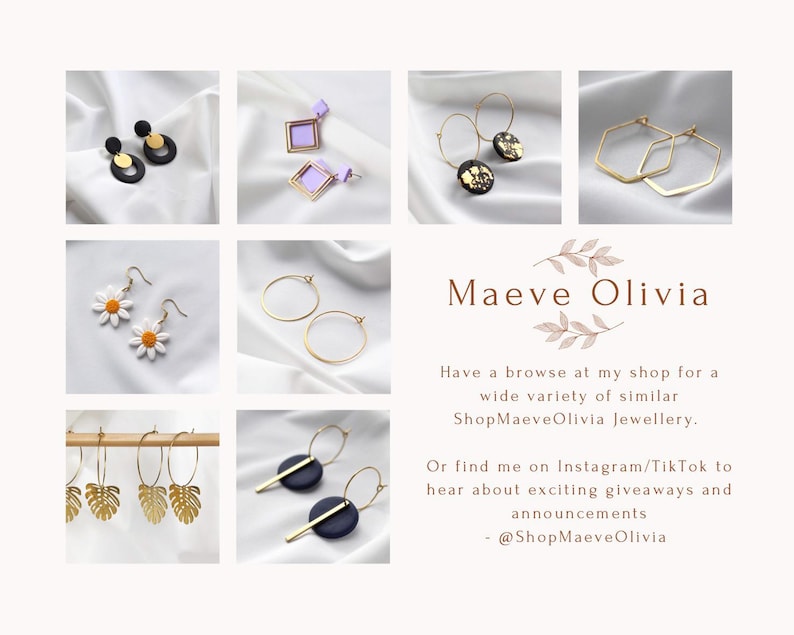 May include: A collection of handmade earrings in various styles, including gold hoops, geometric shapes, and daisy designs. The image also features the brand name "Maeve Olivia" and social media handles.