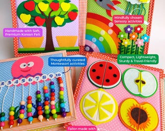 Puede incluir: Libros tranquilos coloridos con diversas actividades sensoriales. Un libro presenta un árbol con manzanas de fieltro rojo y amarillo. Otro muestra un arcoíris y un cohete. Otras páginas incluyen un ábaco, una mariquita y formas de frutas. Los libros son hechos a mano.