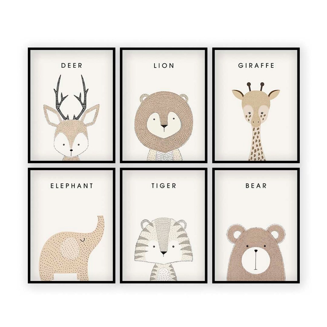 Set of 6 Animal Print Set, Woodland Nursery, Neutral Nursery Decor