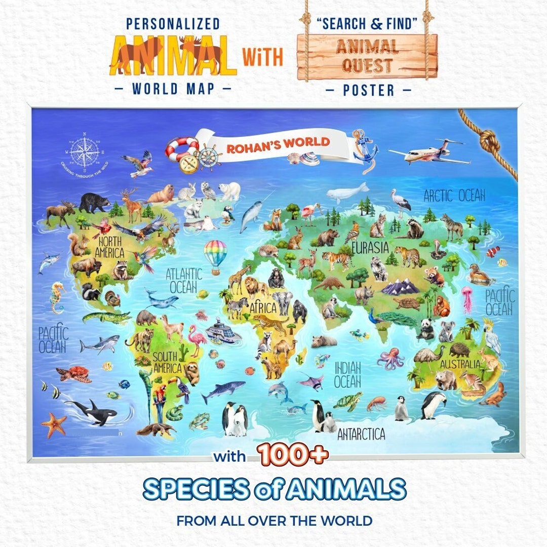 Personalized Animal World Map Nursery Printable Wall Art Poster ...