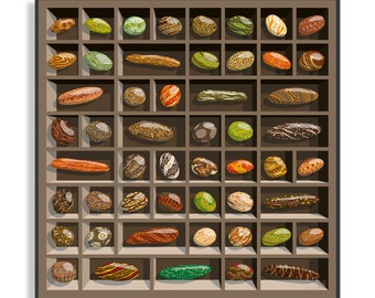 Original painting, 15 - Collection of pebbles PEBBLES textile in brown boxes