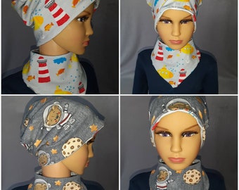 Production to order, reversible beanie with triangular scarf or with loop, tube scarf, set, children's hat, knot hat, beanie, cap set