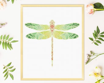 Geometric Dragonfly cross stitch pattern, modern baby nursery minimalist insect counted cross stitch, beginner nature diy wall art decor