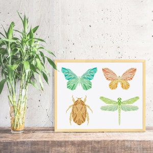 Geometric Insects cross stitch pattern, modern natural minimalist beetle butterfly dragonfly counted cross stitch, instant download pdf easy image 1
