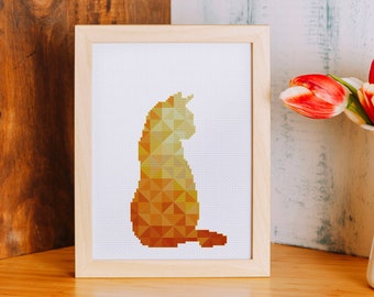 Geometric Orange Cat cross stitch pattern, modern baby nursery kitten animal counted cross stitch, instant download easy hoop art decor